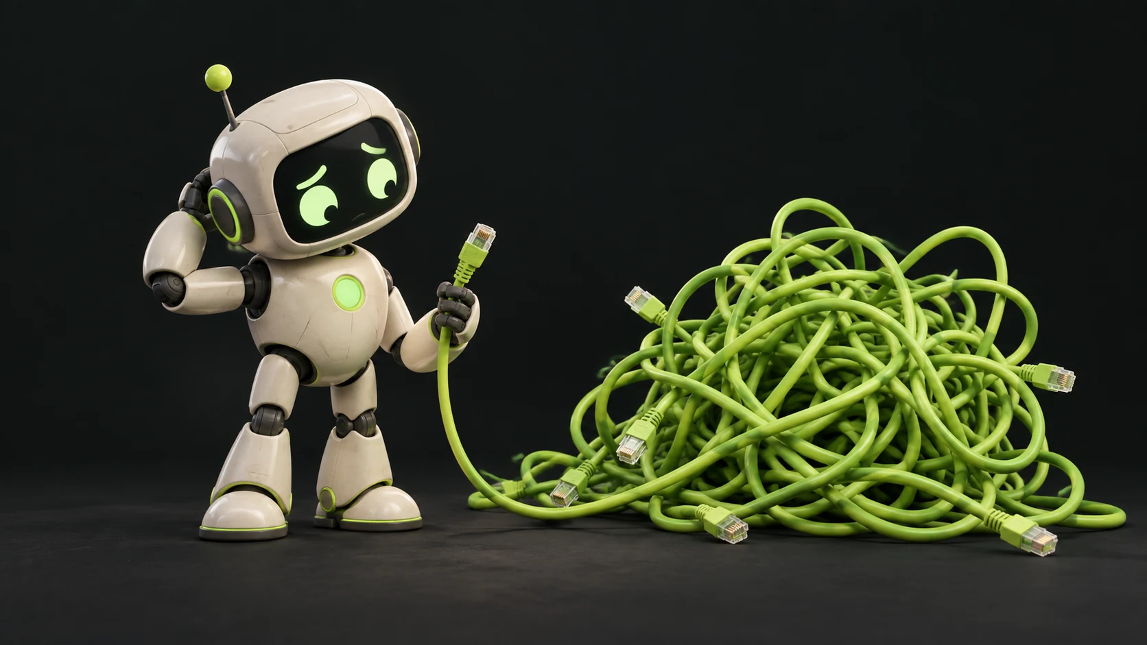 A sheepish little robot holding an unplugged network cable beside a huge tangle of lime green cables.