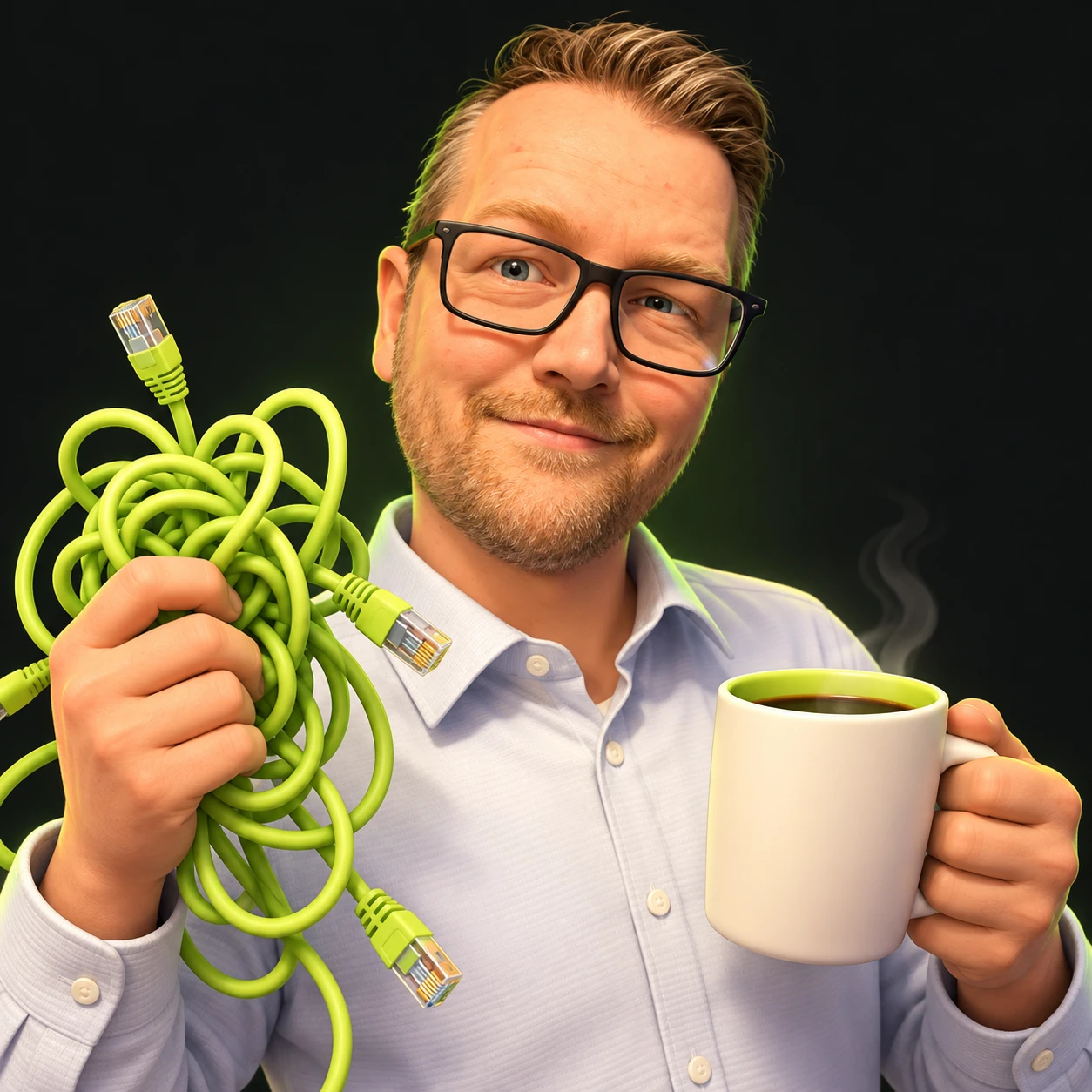 Playful nerd portrait of Tom Postma with glasses, tangled green Ethernet cables and coffee.